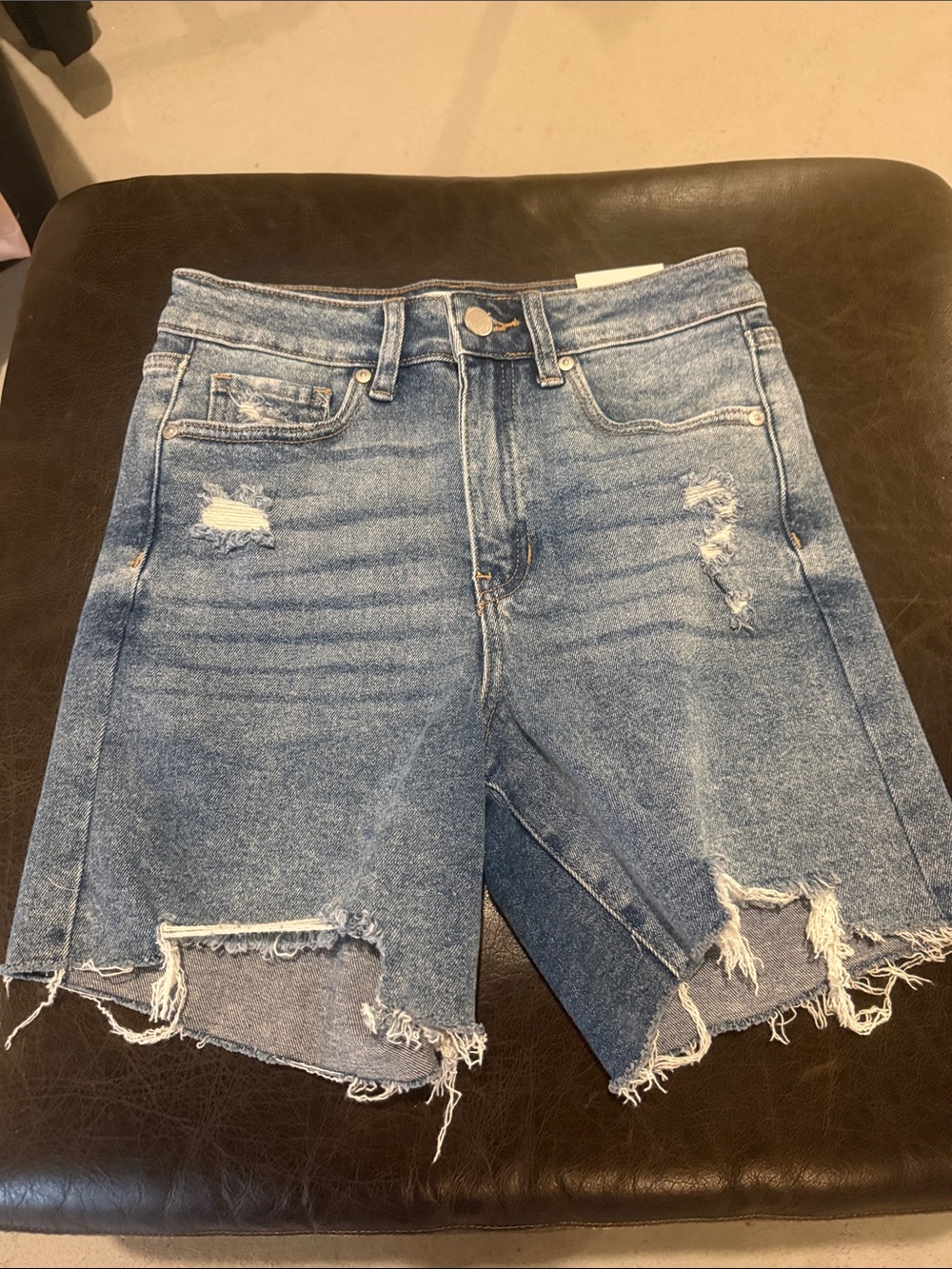 Judy Blue Distressed High-Rise Denim Bermuda Shorts - Medium Blue